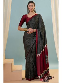 Mysilklove - Black Satin Tassels Saree with Unstitched Blouse