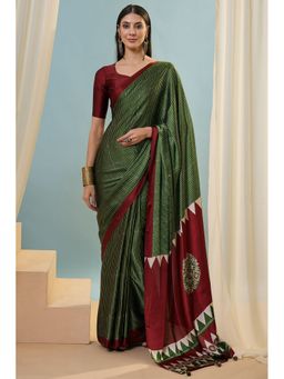 Mysilklove - Green Satin Tassels Saree with Unstitched Blouse