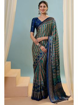 Mysilklove - Teal Satin Tassels Saree with Unstitched Blouse