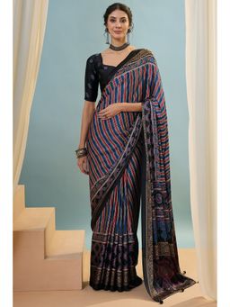 Mysilklove - Navy Blue Satin Tassels Saree with Unstitched Blouse