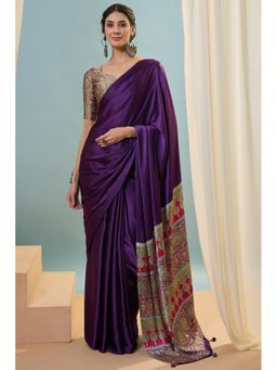 Mysilklove - Purple Satin Tassels Saree with Unstitched Blouse