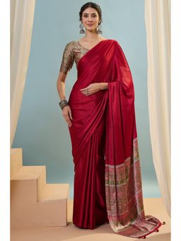 Mysilklove - Red Satin Tassels Saree with Unstitched Blouse