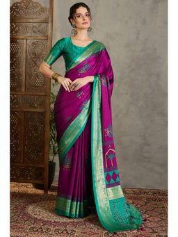 Mysilklove - Purple Satin Printed Saree with Unstitched Blouse
