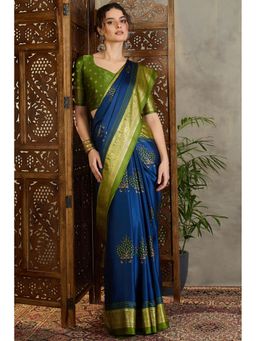 Mysilklove - Teal Satin Printed Saree with Unstitched Blouse