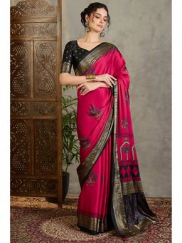 Mysilklove - Red Satin Printed Saree with Unstitched Blouse