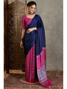 Mysilklove - Navy Blue Satin Printed Saree with Unstitched Blouse