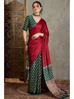 Mysilklove - Red Satin Printed Saree with Unstitched Blouse