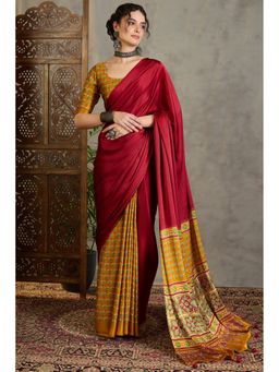 Mysilklove - Red Satin Printed Saree with Unstitched Blouse