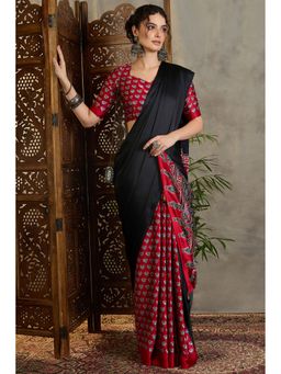 Mysilklove - Black Satin Printed Saree with Unstitched Blouse