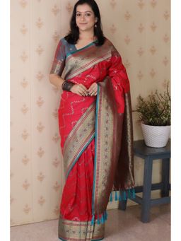 Mysilklove - Red Banarasi Tassels Saree with Unstitched Blouse