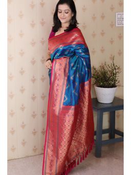 Mysilklove - Teal Banarasi Tassels Saree with Unstitched Blouse