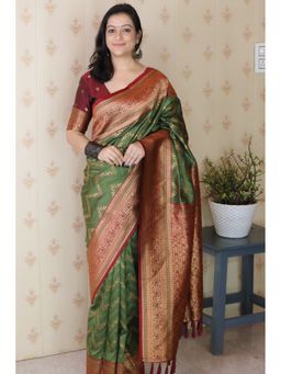 Mysilklove - Green Banarasi Tassels Saree with Unstitched Blouse