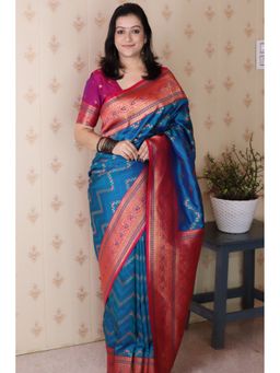 Mysilklove - Blue Banarasi Tassels Saree with Unstitched Blouse