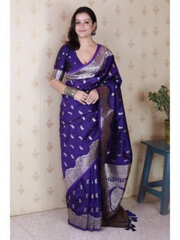 Mysilklove - Blue Banarasi Woven Saree with Unstitched Blouse