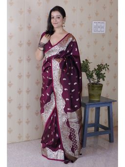 Mysilklove - Brown Banarasi Woven Saree with Unstitched Blouse