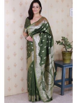 Mysilklove - Green Banarasi Woven Saree with Unstitched Blouse