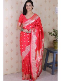 Mysilklove - Orange Banarasi Woven Saree with Unstitched Blouse
