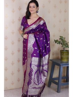 Mysilklove - Purple Banarasi Woven Saree with Unstitched Blouse