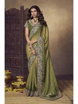 Suha - Green Satin Thread Work Embroidered Saree With Unstitched Blouse