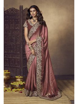 Suha - Peach Satin Thread Work Embroidered Saree With Unstitched Blouse