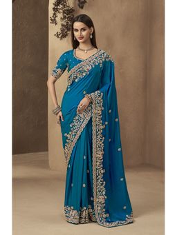 Suha - Blue Satin Thread Work Embroidered Saree With Unstitched Blouse
