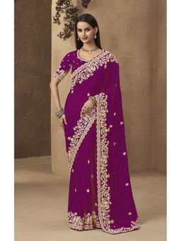 Suha - Purple Satin Thread Work Embroidered Saree With Unstitched Blouse
