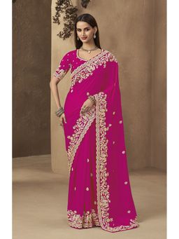 Suha - Pink Satin Thread Work Embroidered Saree With Unstitched Blouse