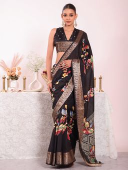 Kalista Fashion - Black Silk Blend Floral Handloom Saree with Unstitched Blouse