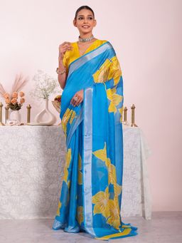 Kalista Fashion - Blue Organza Floral Embellished Saree with Unstitched Blouse