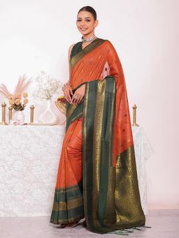 Kalista Fashion - Rust Silk Blend Stripes Handloom Saree with Unstitched Blouse