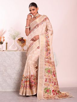 Kalista Fashion - Beige Silk Blend Floral Handloom Saree with Unstitched Blouse