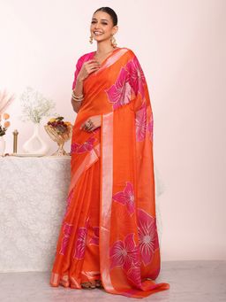 Kalista Fashion - Orange Organza Floral Embellished Saree with Unstitched Blouse