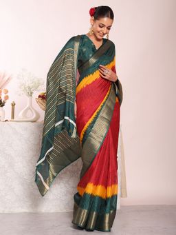 Kalista Fashion - Multi-Color Silk Blend Tie & Dye Handloom Saree With Unstitched Blouse