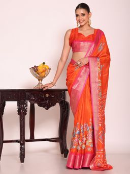 Kalista Fashion - Orange Silk Blend Woven Handloom Saree With Unstitched Blouse