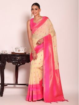 Kalista Fashion - Beige Silk Blend Woven Handloom Saree With Unstitched Blouse