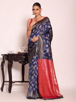 Kalista Fashion - Navy Blue Silk Blend Woven Handloom Saree With Unstitched Blouse