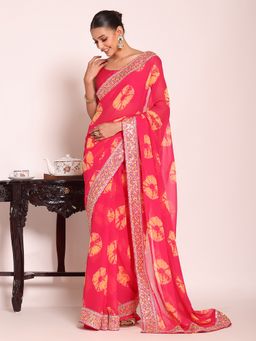 Kalista Fashion - Pink Georgette Thread Work Embroidered Saree With Unstitched Blouse
