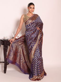 Kalista Fashion - Navy Blue Silk Blend Woven Handloom Saree With Unstitched Blouse