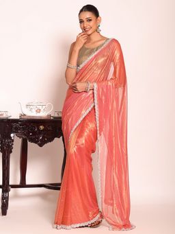 Kalista Fashion - Rust Organza Embellished Saree With Unstitched Blouse