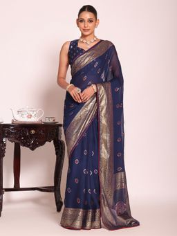 Kalista Fashion - Navy Blue Silk Blend Woven Handloom Saree With Unstitched Blouse