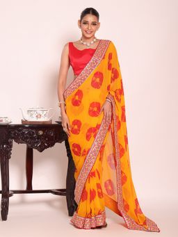 Kalista Fashion - Yellow Georgette Thread Work Embroidered Saree With Unstitched Blouse