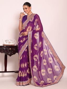 Kalista Fashion - Purple Georgette Thread Work Embroidered Saree With Unstitched Blouse