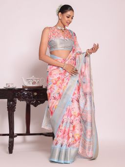 Kalista Fashion - Pink Silk Blend Woven Handloom Saree With Unstitched Blouse