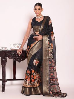 Kalista Fashion - Black Silk Blend Woven Handloom Saree With Unstitched Blouse