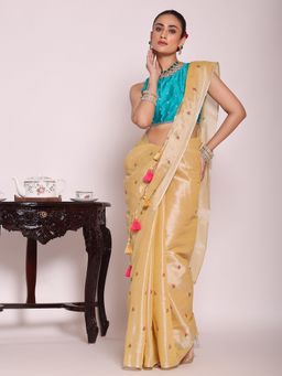 Kalista Fashion - Gold Cotton Silk Floral Embroidered Saree With Unstitched Blouse