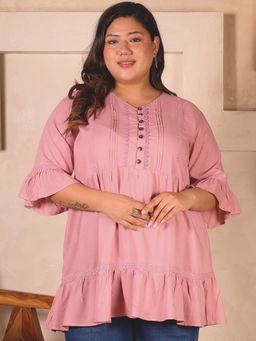 Indietoga - Women Plus Size Pink Solid Tiered Rayon Longline Tunic With Pockets