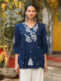 Juniper - Blue Embroidered V-Neck Peasant Top With 3/4 Sleeves