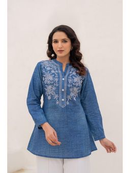 Juniper - Blue Solid Cotton Top With Thread Work And Buttons,