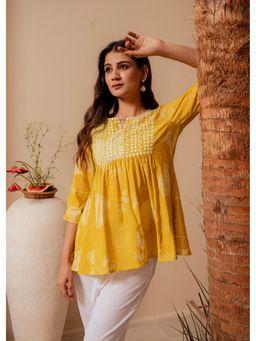 Juniper - Mustard Ethnic Motifs Viscose Top With Thread Work And Mirror Detailing