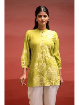 Juniper - Lime Floral Printed Viscose Top With Button Detailing
